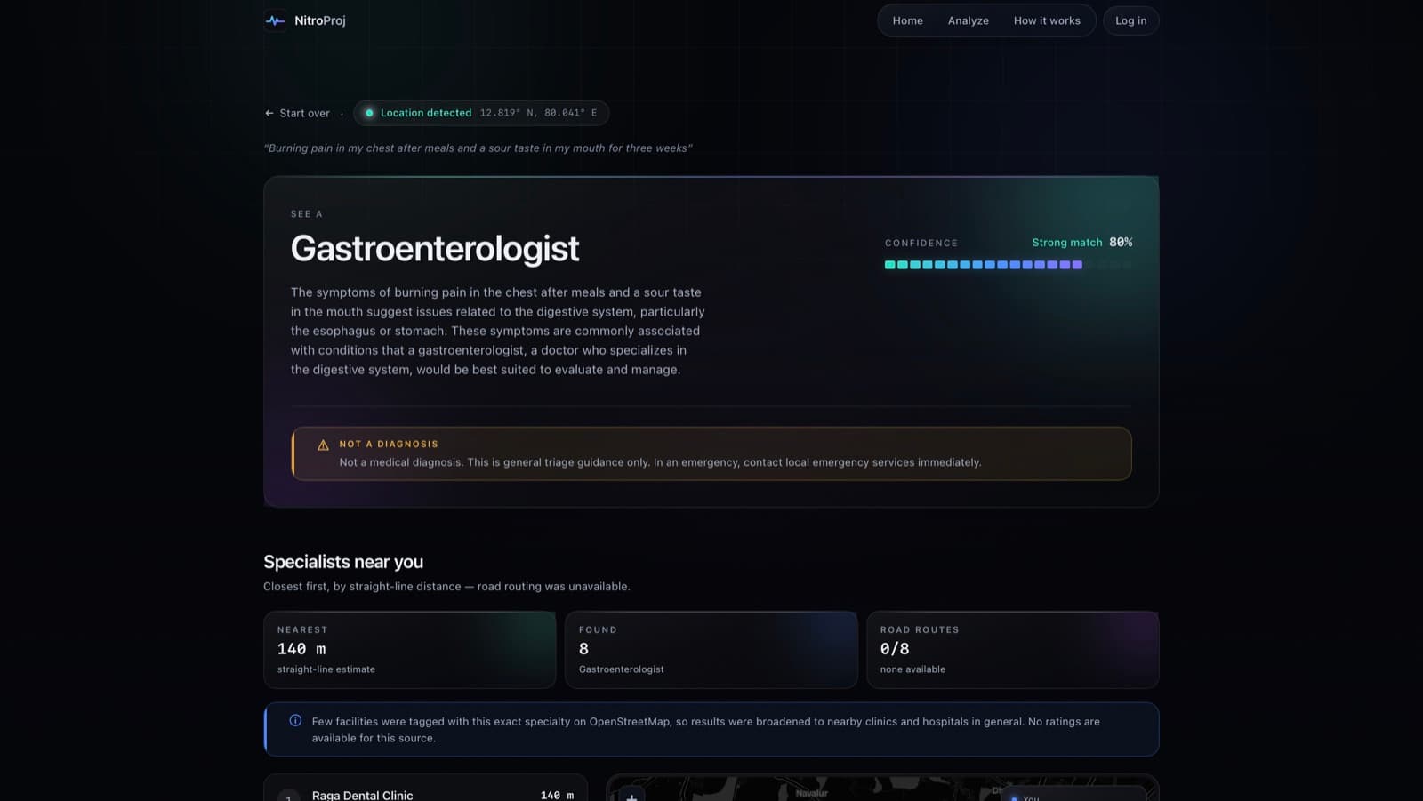 Screens from DocNet, a symptom triage tool that suggests a specialist and nearby clinics